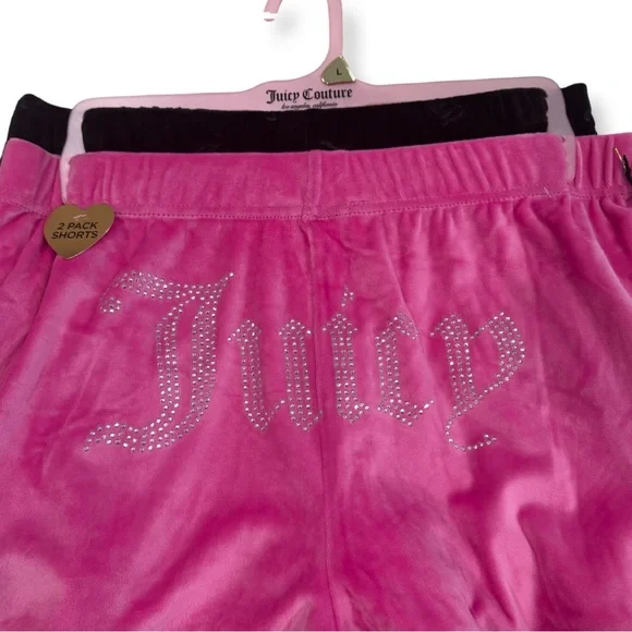 JUICY COUTURE VELOUR SHORTS LOUNGEWEAR RHINESTONES PINK BLACK SIZE LARGE Y2K